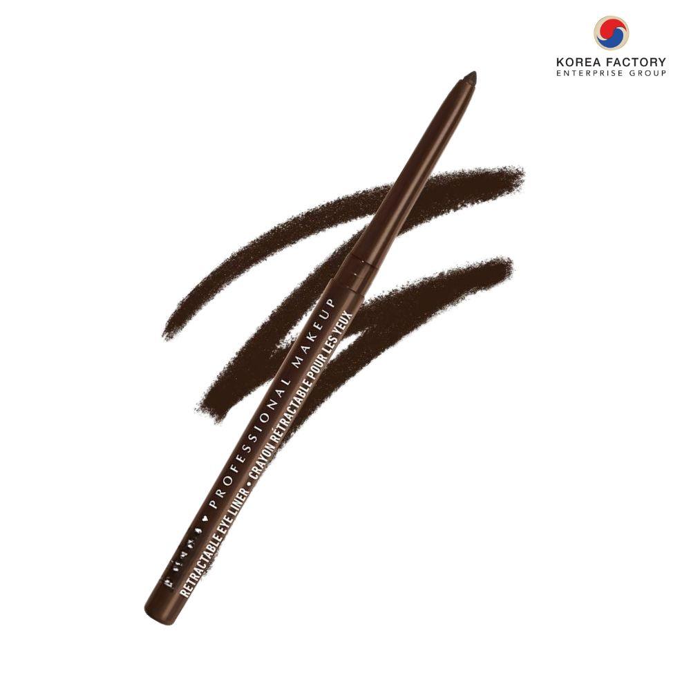 ดินสออายไลเนอร์สีน้ำตาลพร้อมเส้นสวอชลากโค้งบนพื้นขาว และโลโก้ Korea Factory Enterprise Group