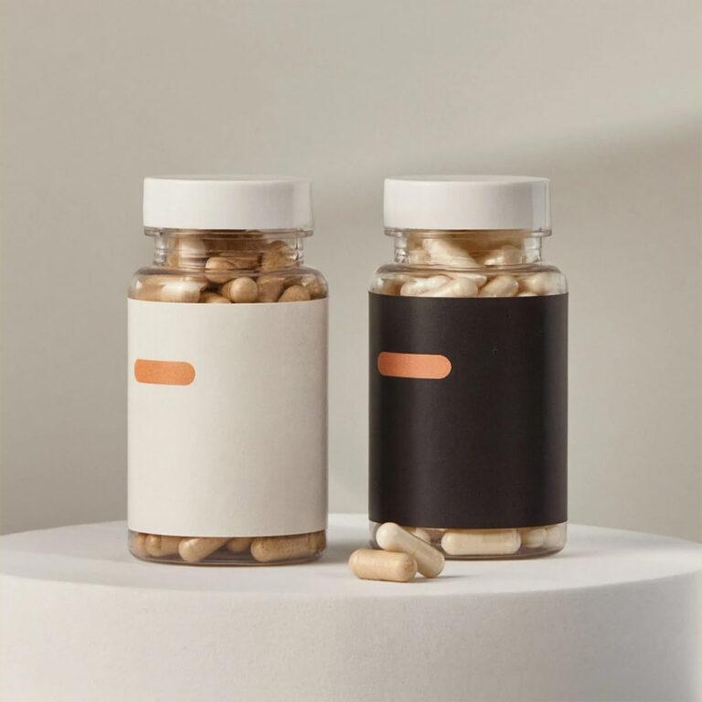 ขวดอาหารเสริม Multivitamin กับไอคอนวิตามินหลากสีลอยรอบขวดบนพื้นหลังสีฟ้า