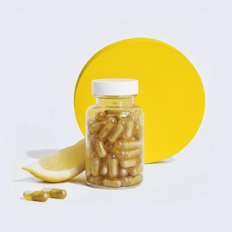 ขวดอาหารเสริม Multivitamin กับไอคอนวิตามินหลากสีลอยรอบขวดบนพื้นหลังสีฟ้า