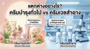 ภาพเปรียบเทียบครีมบำรุงทั่วไปกับครีมเวชสำอาง แสดงจุดเด่นด้านความงาม ไลฟ์สไตล์ และการดูแลผิวเชิงวิทยาศาสตร์แบบแก้ปัญหาเฉพาะจุด